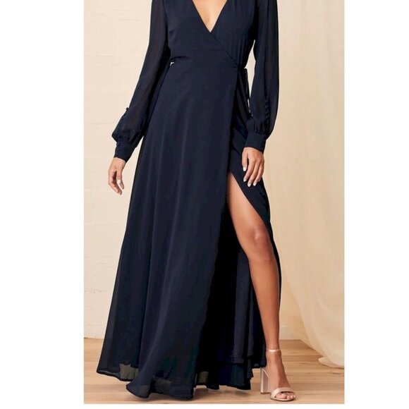 My Whole Heart Dark Navy Blue Long Sleeve LuLu's Wrap Dress Medium - Picture 6 of 10